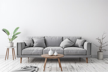 Home mockup Scandinavian living room interior with grey sofa table and decor 3d render