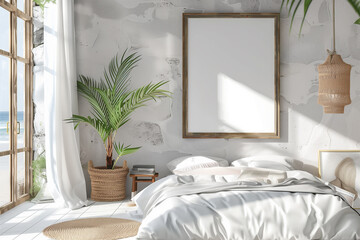 Mock up frame in cozy home interior background coastal style bedroom 3d render