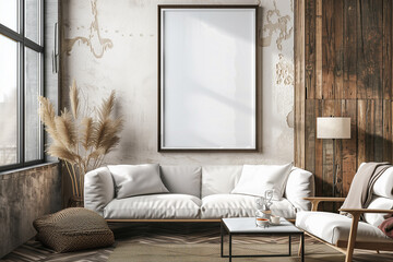 Mockup frame in contemporary Scandinavian living room interior 3d render