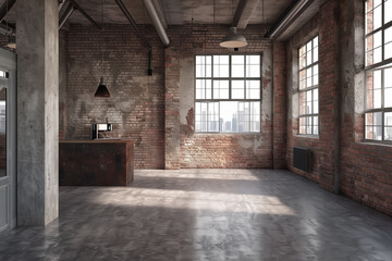 Empty loft apartment industrial style 3d render