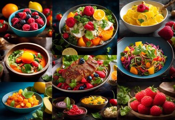 illustration, vibrant tempting food colorful appetizing dishes, delicious, meals, culinary, art, gourmet, treats, presentation, yummy, photos, artistic
