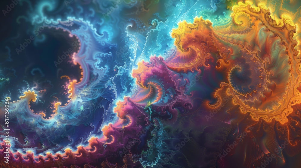 Poster abstract fractals: dazzling, infinite patterns displaying mathematical beauty.