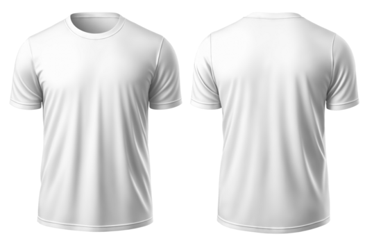 Set of white t-shirt round neck front, back view, png isolated background