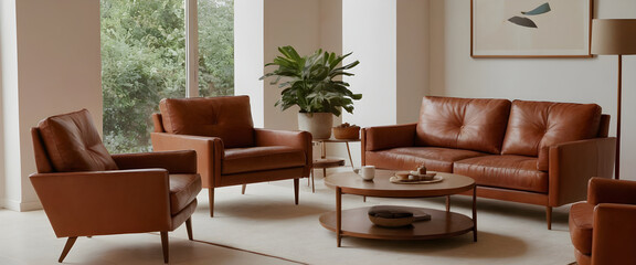 Elegant contemporary living room featuring stylish brown leather sofas, chairs, and a wooden coffee table with minimalist decor elements