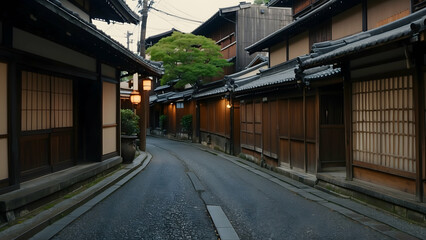 Traditional Japanese street with wooden houses