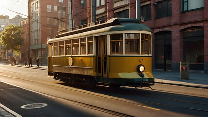 Vintage yellow streetcar on city tracks