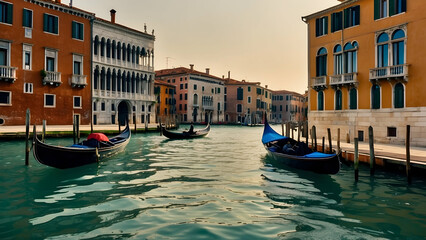 Obraz premium Venetian canal with gondolas and historic buildings