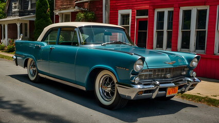 Classic blue and white vintage car parked
