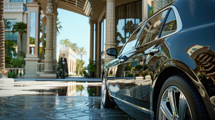 Arriving at a Modern Hotel Entrance in a Luxury Sedan