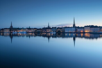 Serene Scandinavian City Skyline at Blue Hour with Minimalist Architecture