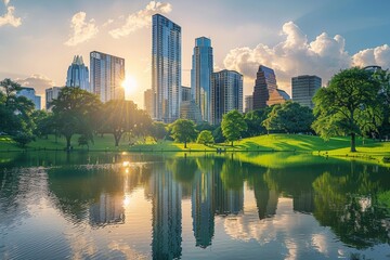 Sunset Reflection in Urban Glass Skyscrapers Overlooking Green Parks