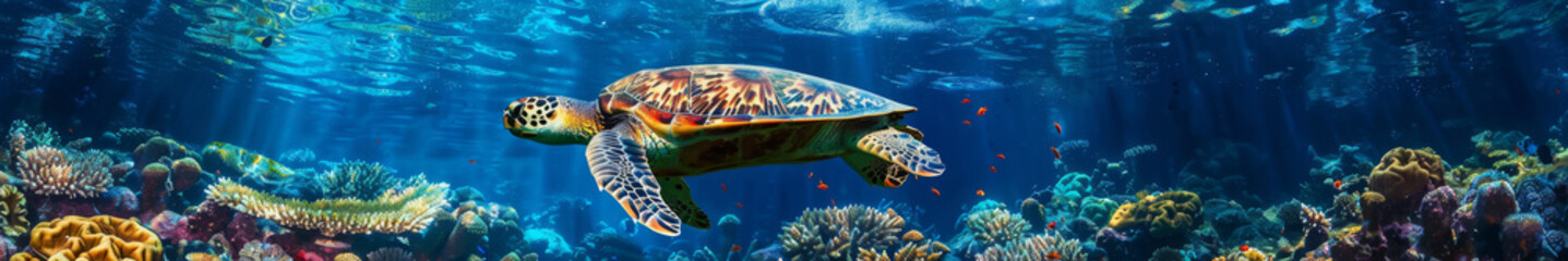 Obraz premium Vibrant Sea Turtle Swimming in a Colorful Coral Reef