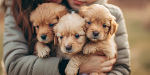 Person Holding Three Fluffy Apricot-Colored Puppies