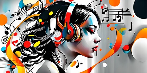 wallpaper representing a woman's face, listening to music with headphones. Musical notes fly into the air