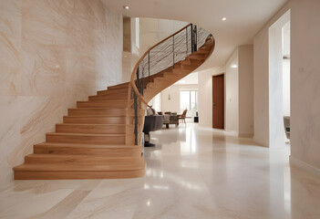 Obraz premium Stunning contemporary home interior featuring an elegant spiral staircase, wood and marble accents, and a sleek minimalist style