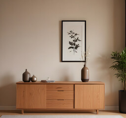 Stylish wooden sideboard against a beige wall featuring botanical art, complemented by a vase with dried flowers and simple ornaments