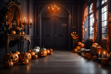 There are pumpkins and jack-o-lanterns on the floor in front of a doorway, scary magical background, Halloween atmosphere, Halloween scene, haunted background, magic doorway, spooky and frigh atmosphe
