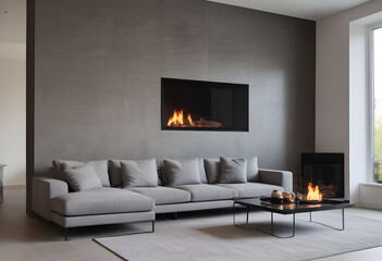 Stylish contemporary living room featuring a large gray sectional sofa and an elegant fireplace in a minimalistic design setting