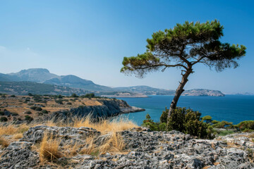 A lone tree stands in a rocky field overlooking the ocean. The scene is serene and peaceful, with the tree providing a sense of calm and tranquility