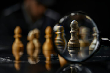Magnifying Glass Over Chess Pieces Highlighting Strategy