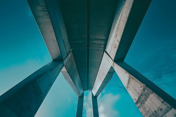 Striking image showcasing the geometric symmetry of an underbridge against a blue sky