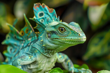 Fototapeta premium A green lizard with a blue tail and a blue head. The lizard is looking at the camera