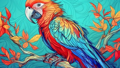 Obraz premium A vibrant parrot with multicolored feathers, sitting on a branch, against a plain turquoise 