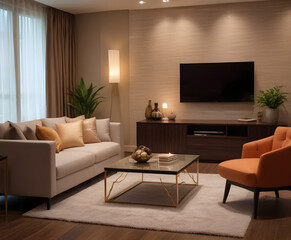 Contemporary living room with soft lighting, featuring a plush sofa, elegant decor, and a sleek television on a wooden console