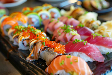 A tray of assorted sushi rolls, including some with avocado and some with salmon. The sushi is arranged in a visually appealing manner, with the different colors
