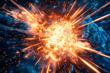 A bright orange explosion in space with a blue background. The explosion is surrounded by a lot of fire and debris