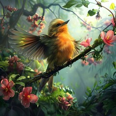 Vibrant Bird Perched Among Colorful Flowers Ai generated