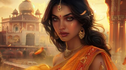 Elegant Indian Woman in Traditional Sari with Historical Palace Background