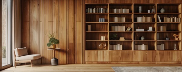 Modern wooden bookshelf in a sunlit room with a comfortable chair and decorative greenery,