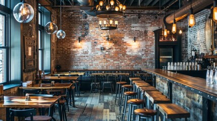 An empty industrial-style bar with exposed brick walls, wooden tabletops, hanging lights, and bar stools. Large windows illuminate the space with natural light.
