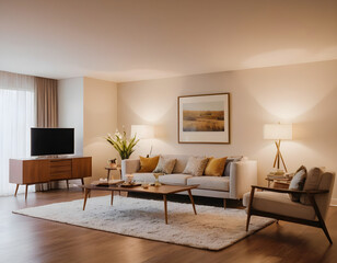 Stylish and welcoming modern living room design with elegant furniture, cozy lighting, decorative plants, and a peaceful wall painting