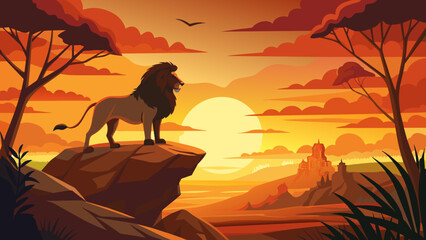 Majestic Lion Overlooking Sunset in Serene African Savannah