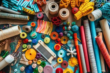 A colorful assortment of craft supplies, including scissors, yarn, and beads, arranged on a table. Concept of creativity and possibility