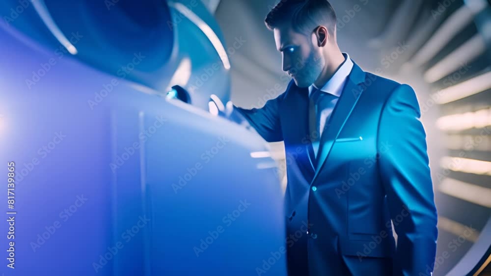 Poster man in blue suit pointing at target generative ai