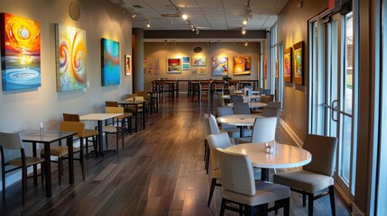 A contemporary cafe doubles as an art gallery, showcasing vibrant paintings on walls with ample seating and natural light pouring in from large windows.