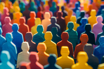 Obraz premium A group of people are standing in a line, with some of them wearing red and others wearing blue. The people are all different sizes and shapes, and they are all lined up in a row