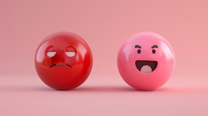 A photorealistic 3D  of a pastel red sad emoji next to a garnet laughing emoji, both on a solid pale pink background, exploring subtle emotional shifts.