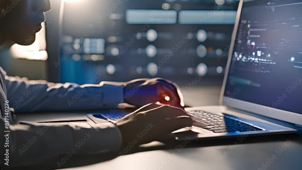 Poster man working on laptop with computer screen generative ai