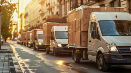 A line of delivery trucks are driving down a street. The trucks are all white and are carrying boxes. The scene is busy and bustling, with the trucks moving quickly down the road