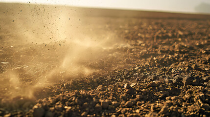 A field of dirt with a lot of dust in the air. The dust is blowing around and covering the ground