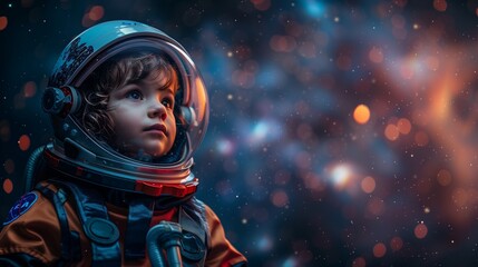 Child in a spacesuit pretending to be an astronaut, dark space-themed background.