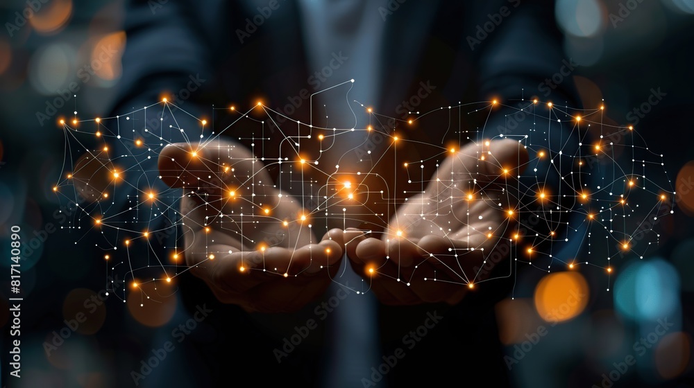 Poster Businessman holding database management icons with Cloud computing service on software platform.
