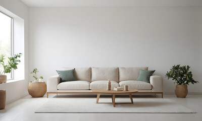 Tranquil living room featuring a neutral-toned sofa, wooden coffee table, and decorative plants bathed in natural light