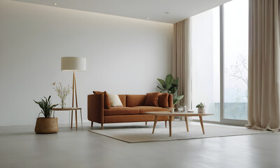 Elegant living room decor with a brown leather sofa, floor lamp, wooden coffee table, and a calming neutral color scheme