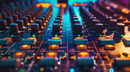 A close up of a sound board with many knobs and buttons. The buttons are labeled with numbers and letters. Scene is energetic and creative
