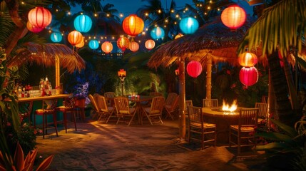 A nighttime view of a lively Hawaiian tiki bar adorned with bright, multicolored lanterns, creating a festive and inviting atmosphere.